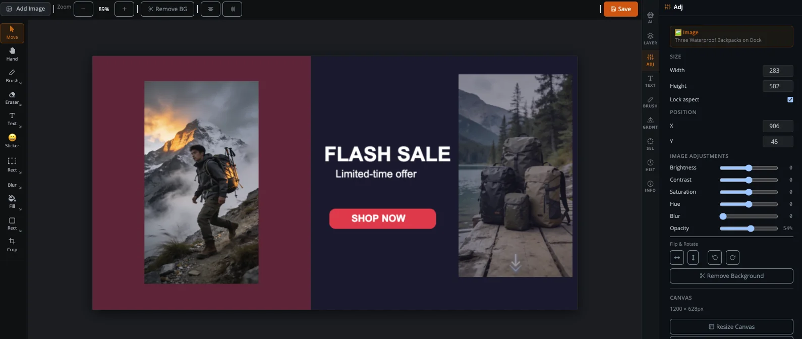 Layered image editor with a flash-sale ad on the canvas and adjustment controls
